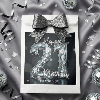 Sacolinha 21st Birthday Silver Diamonds Glam Black Thank You