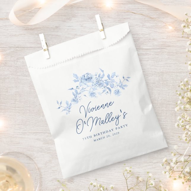 Sacolinha 75th Birthday Party Dusty Blue Rose Floral Custom (Cortado)