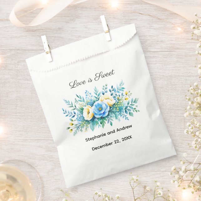 Sacolinha Amor Floral Amarelo Azul É Casamento Doce (Cortado)