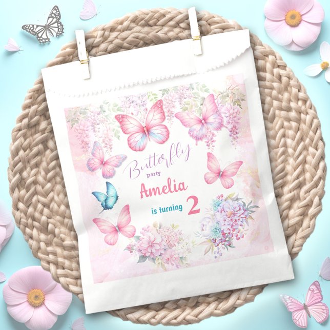 Sacolinha Aniversário da Pequena Borboleta Rosa Floral de Ve (Little Butterfly Pink Floral Summer Girl Birthday Favor Bag)