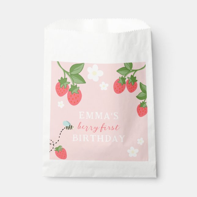 Sacolinha Aniversário de 1 ano da Menina Morango Rosa (Frente)