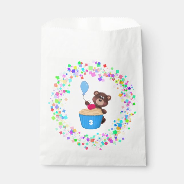 Sacolinha Aniversário do Cupcake Azul do Urso Marrom Doce (Frente)