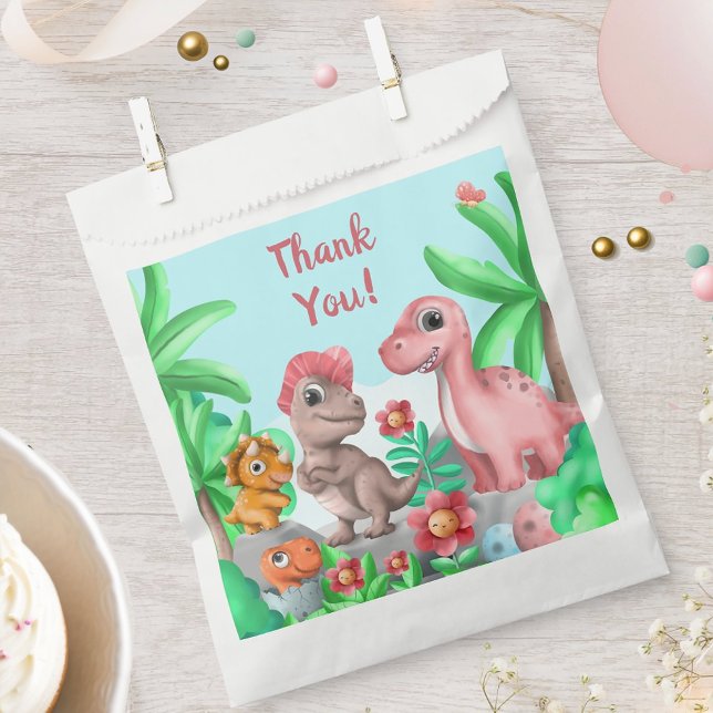 Sacolinha Aniversário do Dinossauro da Menina Obrigado (Girl's Dinosaur Birthday Party Favor Bag)