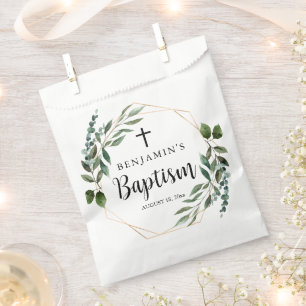 Sacolinha Aquarela Verde Dourado Batismo Cruzado Bolsas Favo