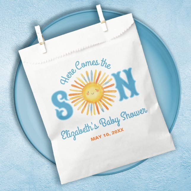 Sacolinha Aqui vem o Chá de fraldas do Sol Filho (A cute Here Comes the Son Baby shower favor bag. So cute for a boy baby shower.)