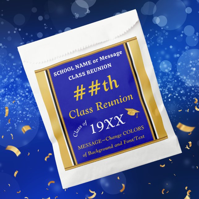 Sacolinha Azul, Dourado, CORES de mudança, Sacos de presente (Class Reunion goodie bag ideas. Class reunion party favors. Blue, White, Class Reunion goodie bags.)