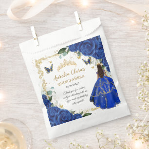 Sacolinha Azul Real Floral Princesa Dourada Quinceañera 15
