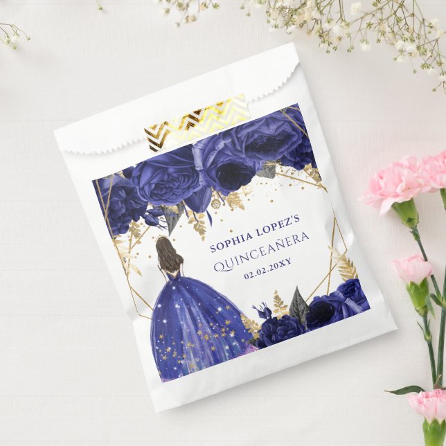 Sacolinha Azul Royal Dourado Floral Princesa Quinceanera   (Selado)