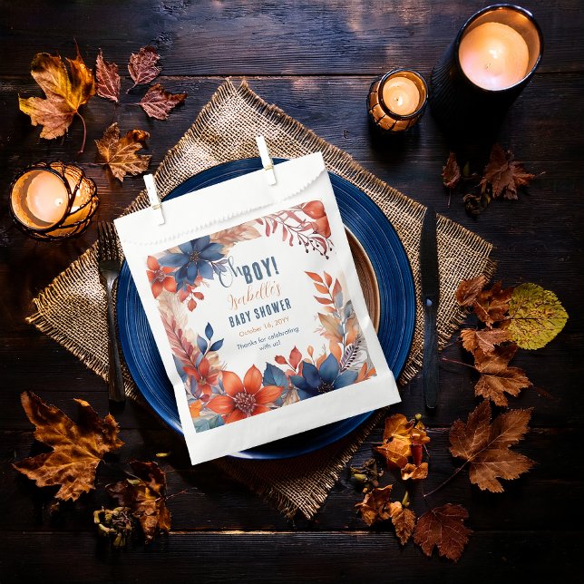 Sacolinha Azul | Terracotta Oh Boy Fall Chá de fraldas Flora (Boho Blue and Terracotta Fall |  Autumn Floral "Oh Boy!" Baby Shower Favor Bags)