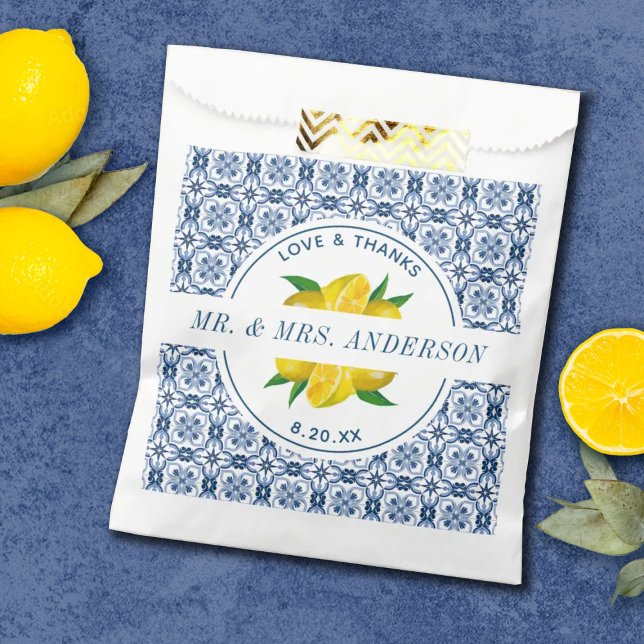 Sacolinha Azulejo Azul Italiano Lemon Weding Favor Bolsas (Criador carregado)