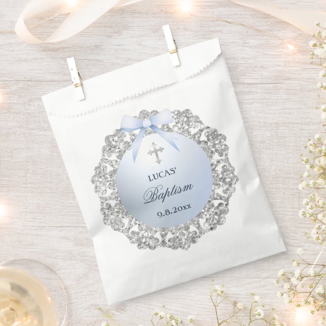 Sacolinha Batismo Arco Azul com Quadro de Lâmpada de Prata (Cortado)