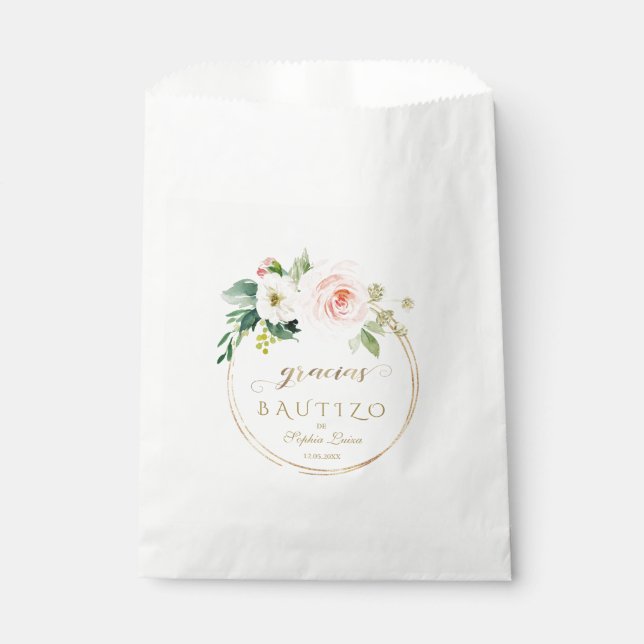 Sacolinha Bautizo Dourado Floral , Espanhol, Rosa Único (Frente)