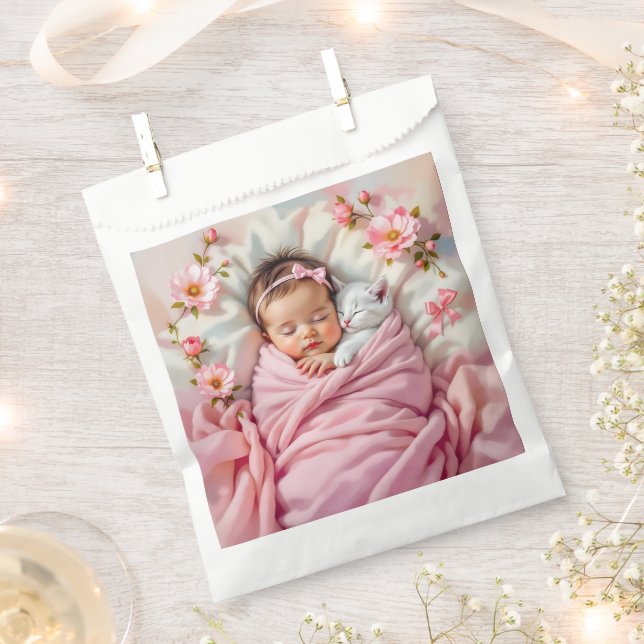 Sacolinha Bebê Floral Rosa e Gatinho Branco (Cortado)