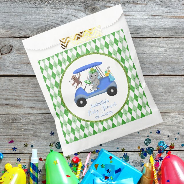 Sacolinha Bebê-Menino Elefante e Macaco Golfe (Fill your baby shower favor bag with candy, soaps, and treats!)