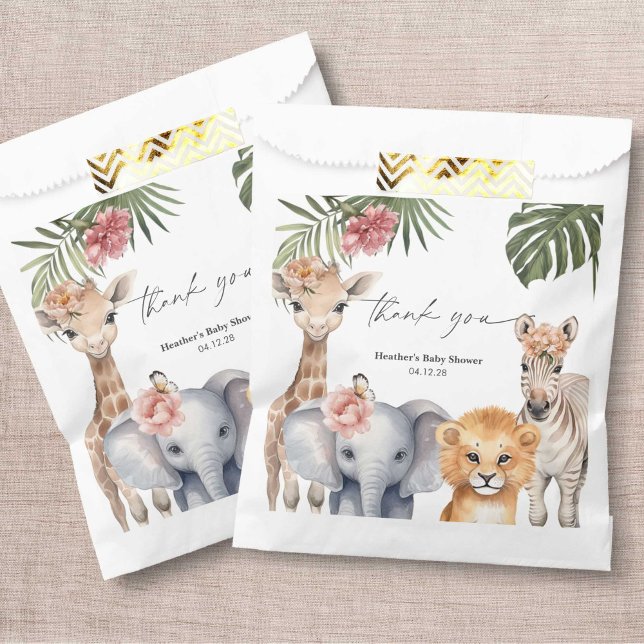 Sacolinha Bela Selvagem, Bonito Safari, Feira de Bebê (Pretty Safari Animal, Baby Girl Shower favor bags.)