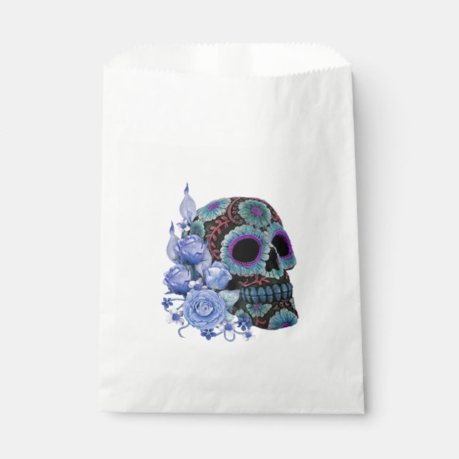 Sacolinha Blue Floral Black Sugar Skull Day Of The Dead (Frente)