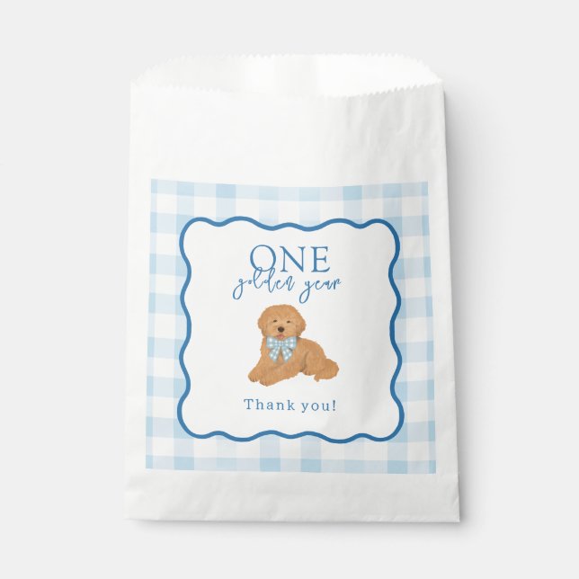 Sacolinha Blue Gingham One Golden Year Boys First Birthday (Frente)