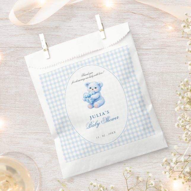Sacolinha Blue Gingham Teddy Bear Neutral Baby Shower (Cortado)