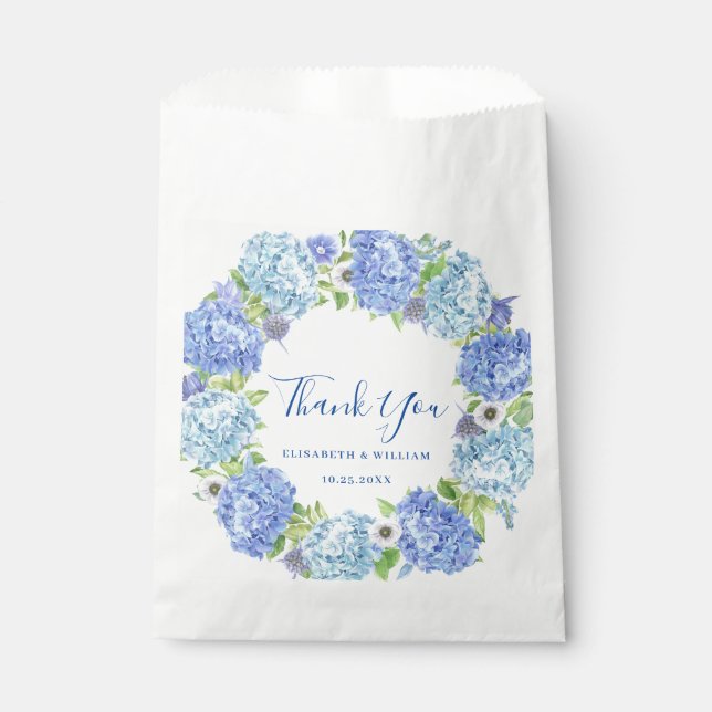 Sacolinha Blue Hydrangea Greenery Amor e Obrigados Casamento (Frente)