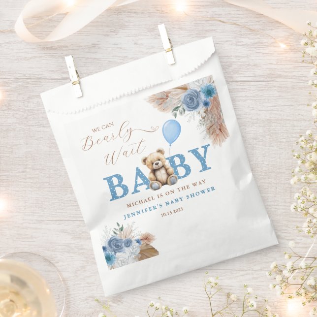Sacolinha Blue Teddy Bear Pampas & Florals Baby Shower  (Cortado)