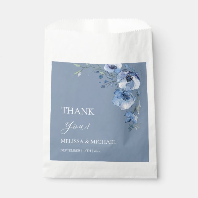 Sacolinha Blue Watercolor Flowers Wedding Thank You Square  (Frente)