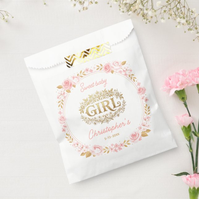 Sacolinha Blush Pink & Gold Floral Girl Baby Shower (Selado)