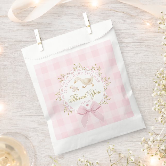 Sacolinha Bobo Ganso Laço Xadrez Rosa Chá de Bebê Obrigado (Cortado)