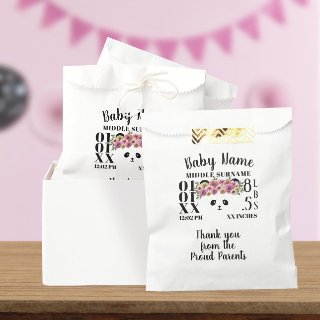 Sacolinha Boca Floral - Bear Rapariga Bebê - Barramento 50 E (Cute panda birth stats paper bags just for you. Add your little one's stats)