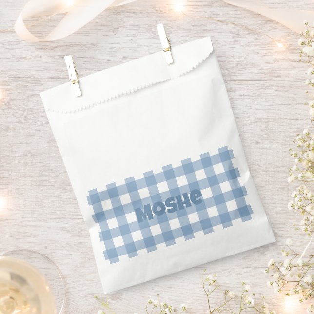 Sacolinha Bolsa de festa de aniversário de gingham azul (Cortado)