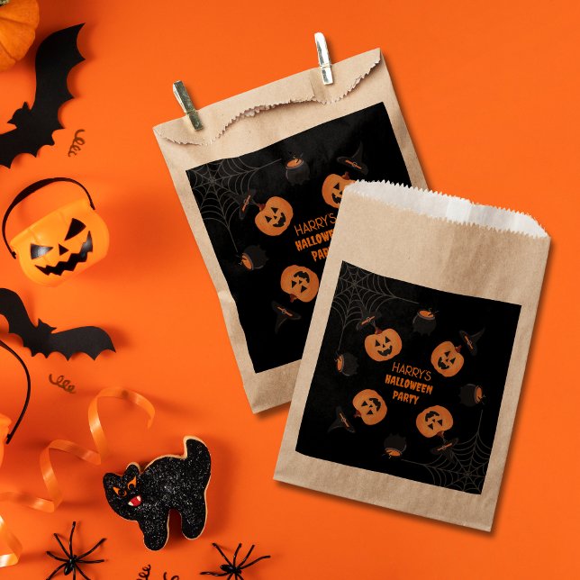 Sacolinha Bolsas de Favor Personalizadas em Laranja e Preto  (Halloween Black & Orange Personalised Paper Favour Bags.)