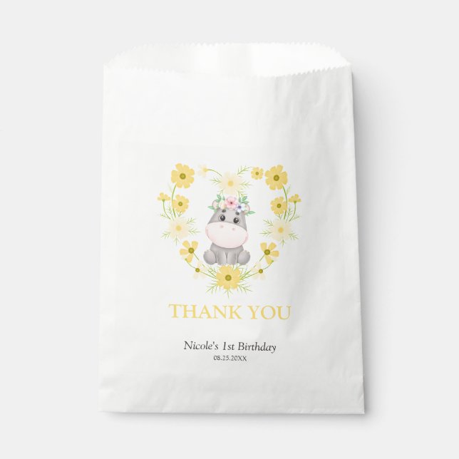 Sacolinha Bonito Hippo Amarelo Flor Aniversário Obrigado (Frente)