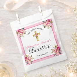 Sacolinha Bonito Rosa Floral Oro Cruz Bautismo Gracias