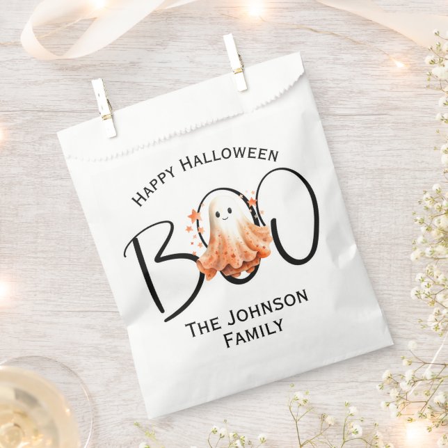 Sacolinha Boo Ghost Halloween White Black Modern Family Name (Cortado)