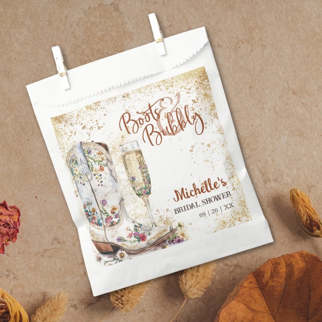 Sacolinha Boots and Bubble Western Country Obrigado (boots and bubbly bridal shower invitation with cowboy boots with flowers and champagne glass)