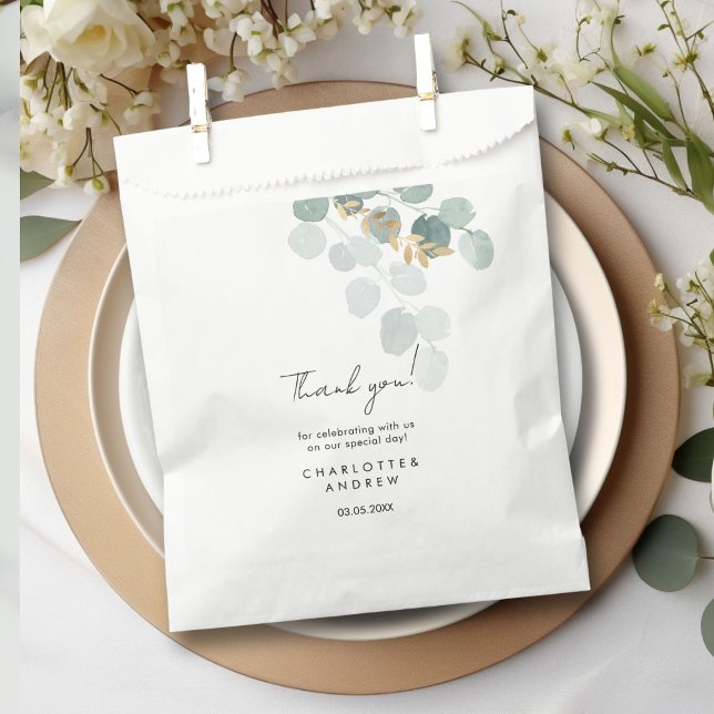 Sacolinha Botânico, elegante, caligrafia (Botanical, elegant, handwriting wedding, favor bag with your names, date and text.)