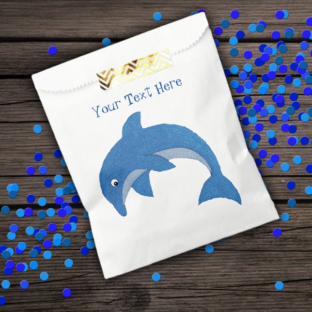 Sacolinha Bright Sparkle Blue Pulando Golfinho Aniversário (Bright blue sparkle like ocean dolphin in jumping position on kids party favor bags.)
