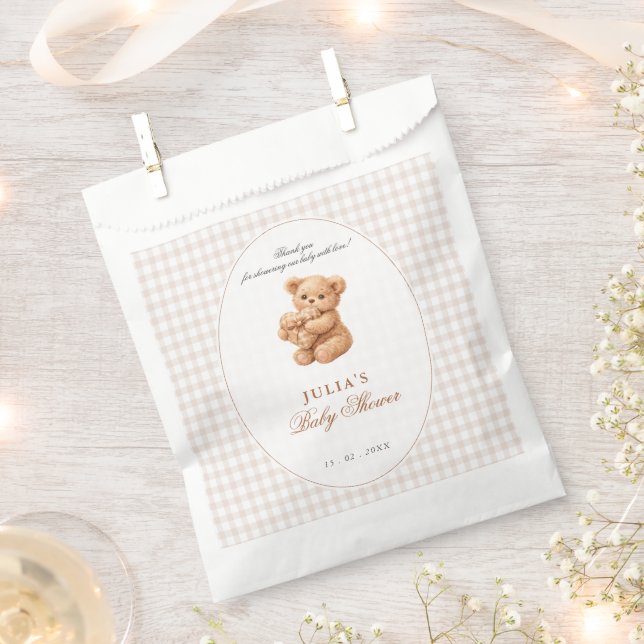 Sacolinha Brown Gingham Teddy Bear Neutral Baby Shower Paper (Cortado)