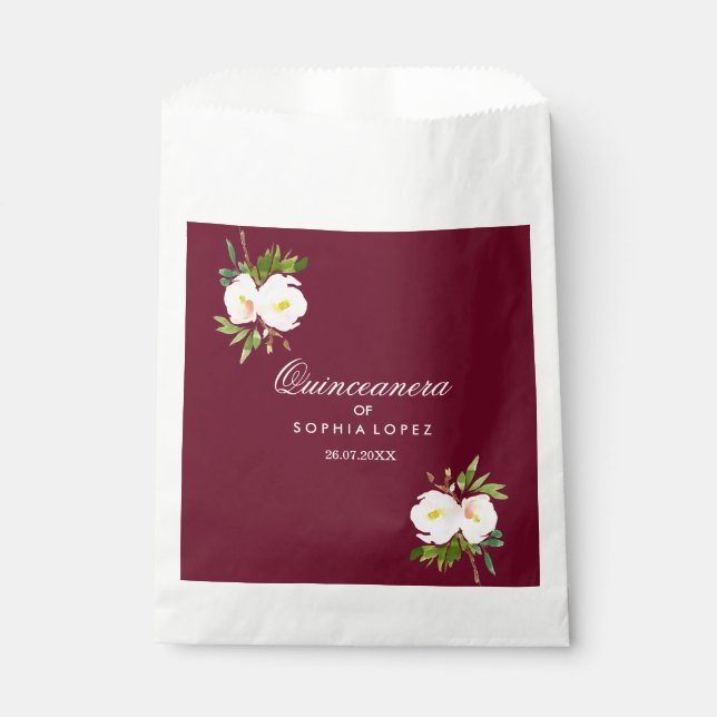 Sacolinha Burgundy Floral Elegante Quinceanera Favor Bag (Frente)