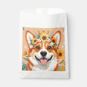 Sacolinha Cachorro corgi alegre coroa de margaridas e girass