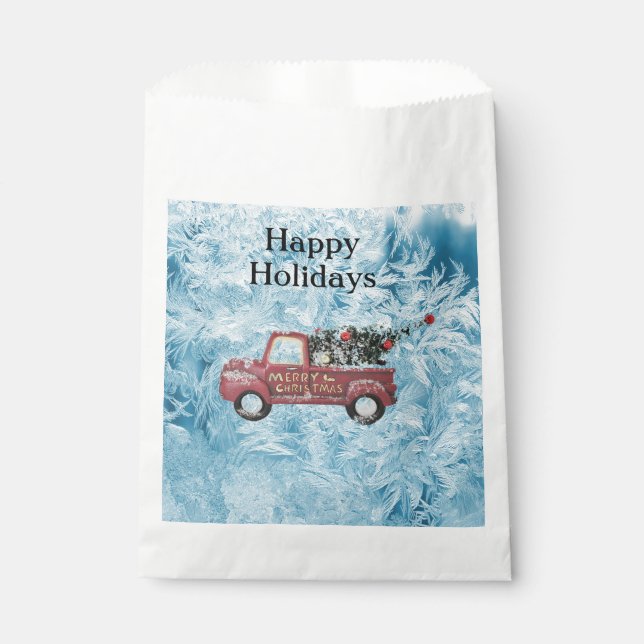 Sacolinha caminhão de colheita vermelho sobre fundo azul com (Frente)