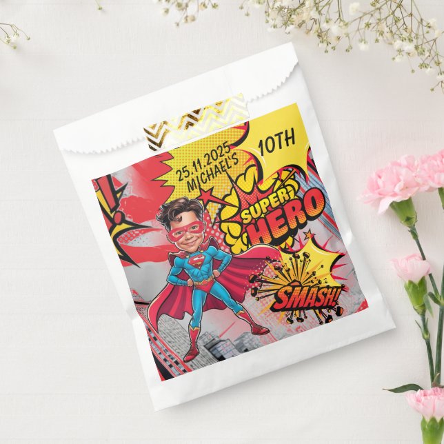 Sacolinha Caricatura de super-heróis vermelho e amarelo vibr (Selado)