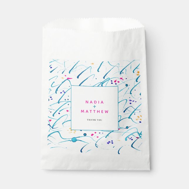 Sacolinha casamento aqua rosa com ondas rasas abstrato tropi (Frente)