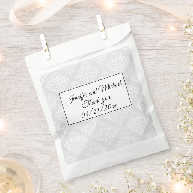 Sacolinha Casamento Branco Elegante Damask Obrigado (Cortado)