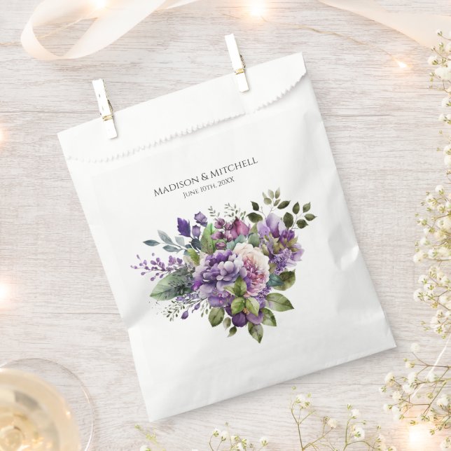 Sacolinha Casamento com Buquê de Aquarela Violeta Roxo (Cortado)