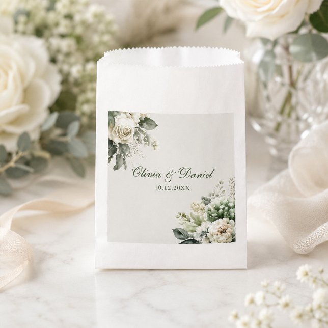 Sacolinha Casamento com Flores de Marfim e Verde Salvia (Boho Sage Green and Ivory Flowers Wedding Favor Bag on a table with flowers and ribbons)