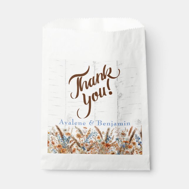 Sacolinha Casamento de Autumn Birch Tree e Flores Selvagens (Frente)