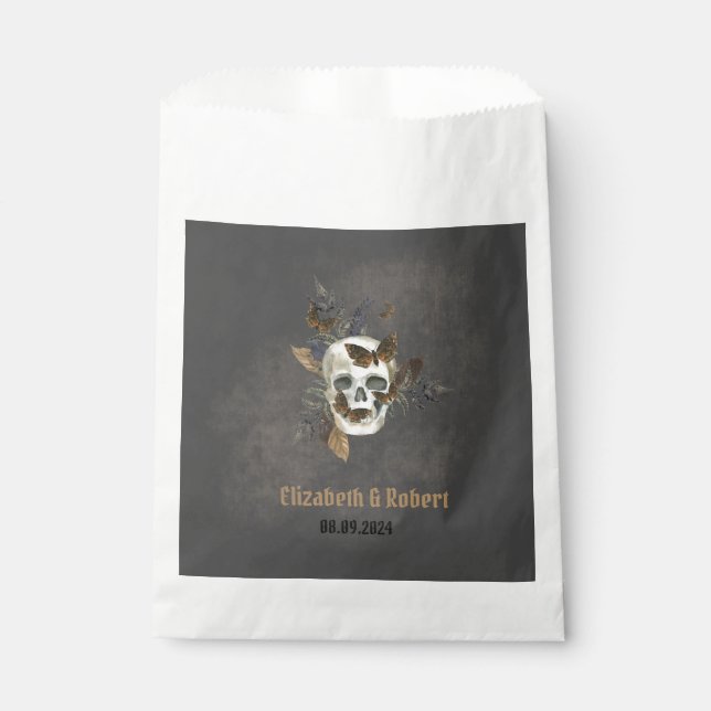 Sacolinha Casamento de Borboletas de Crânio Plântica Gótica (Frente)