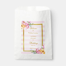 Sacolinha Casamento de Flor de Quadro Dourado com Faixa Rosa