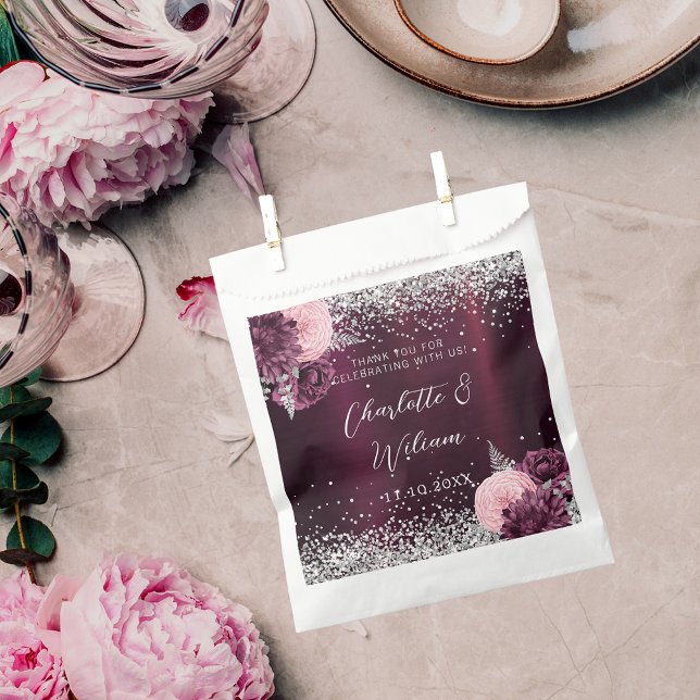 Sacolinha Casamento de florais de prata borgonha (Criador carregado)