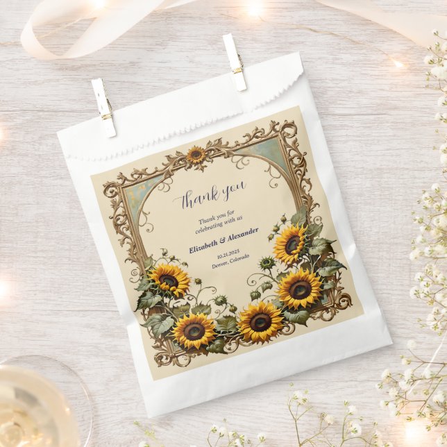 Sacolinha Casamento de girassol amarelo com armação de arte (Cortado)